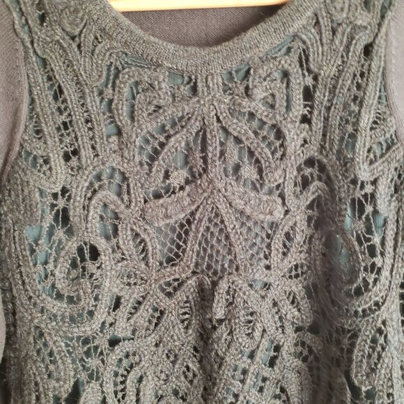 Anthropologie Crochet Wool Sweater M Dark Blue w Intricate Lace Front Pullover - Picture 4 of 10